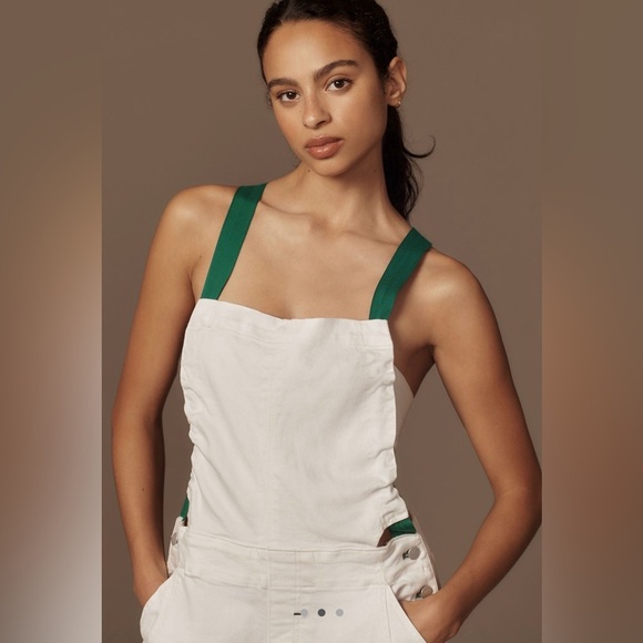 Anthropologie Pilcro Kenna Heritage White & Green Barrel Overalls • S • NWT - Picture 4 of 14